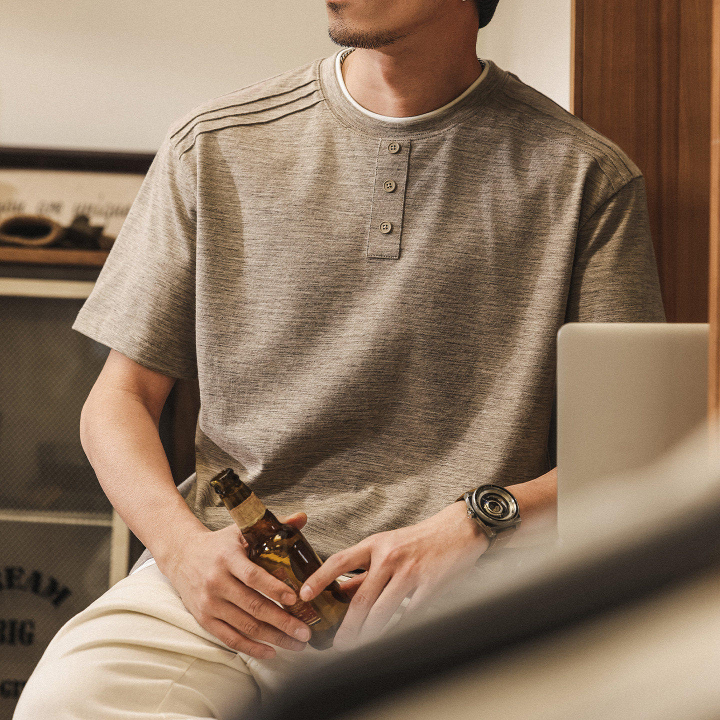 美式复古亨利领Polo衫短袖男款夏季潮牌休闲假两件t恤男宽松上衣