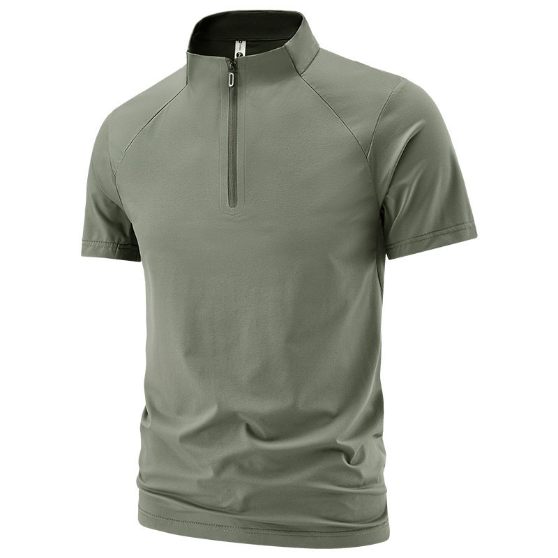 2026新款大码运动休闲立领速干半开衫短袖男夏季薄款纯色冰丝T恤