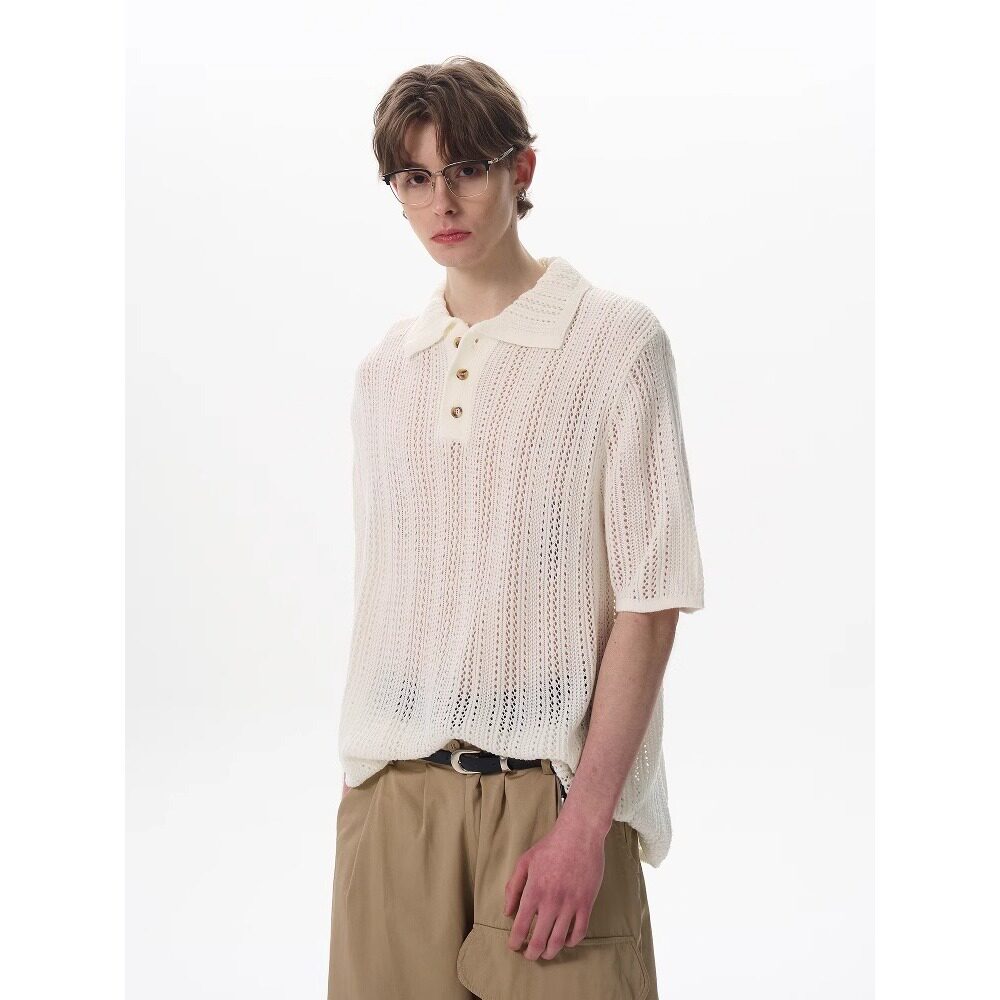 美式复古镂空设计感POLO衫男款夏季提花短袖t恤薄款透气针织上衣