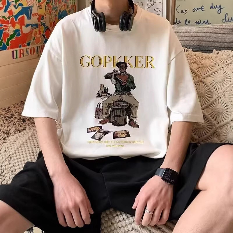 夏季新款重磅纯棉五分袖印花t恤衫男生高街痞帅印花圆领套头体恤