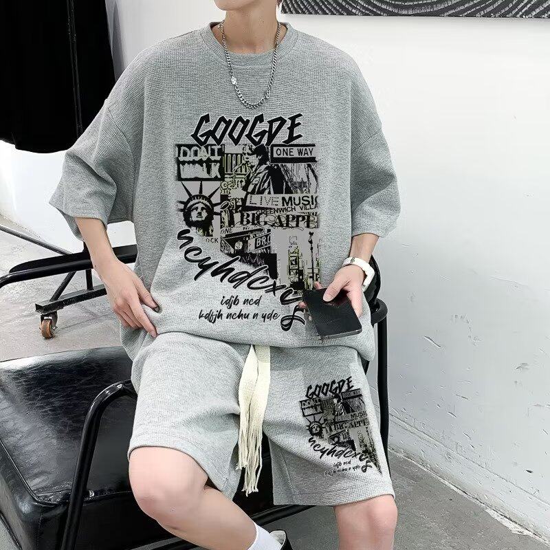 非纯棉套装装搭配帅气一套夏季潮牌美式复古重磅短袖短裤男高级感