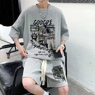 非纯棉套装装搭配帅气一套夏季潮牌美式复古重磅短袖短裤男高级感