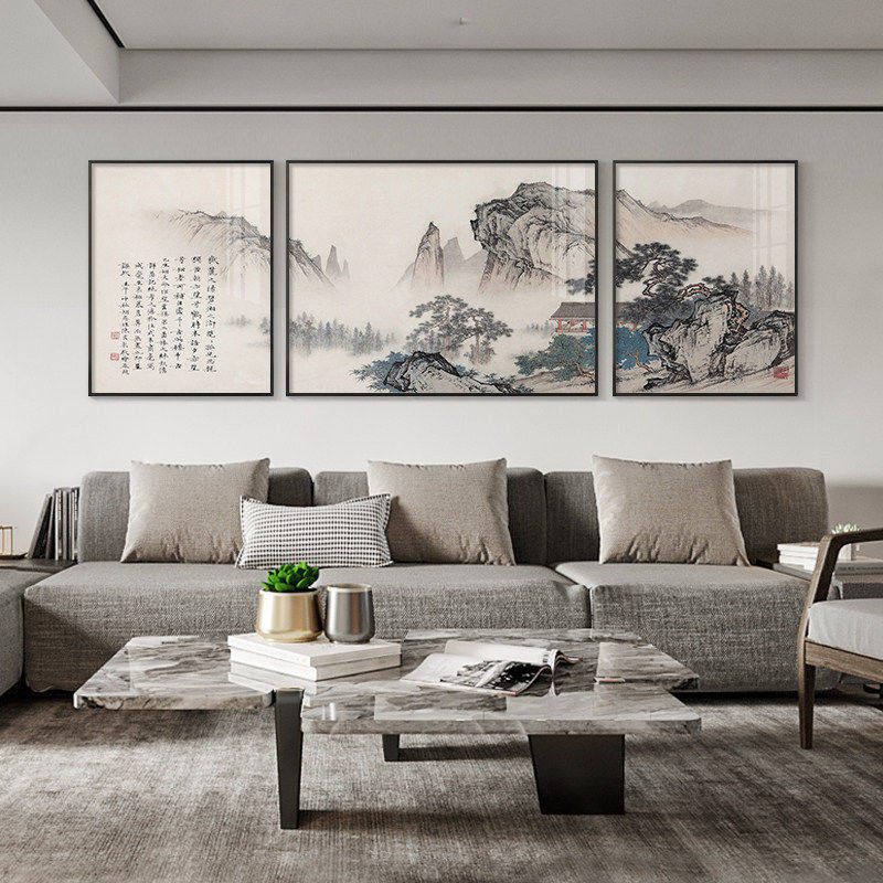 新中式山水画风水靠山客厅装饰画沙发背景墙壁画风景国画书房挂画