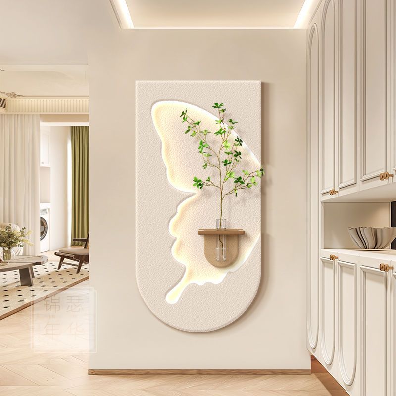 奶油风玄关装饰画高端创意水培绿植入户门走廊挂画客厅蝴蝶壁画灯图片
