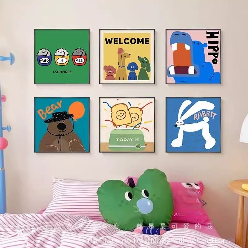 多巴胺动物ins客厅组合装饰画小红书同款卡通背景墙挂画玄关壁画图片