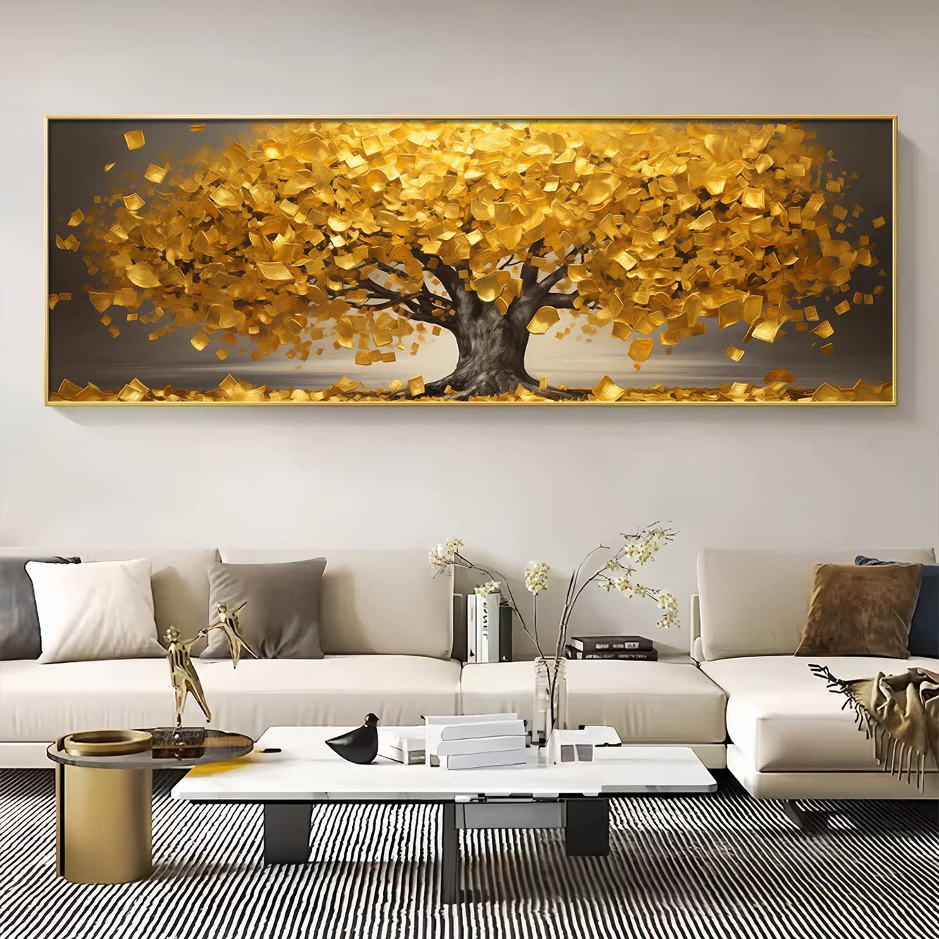 发财树客厅装饰画发光镶钻带灯黄金现代沙发背景墙挂画办公室壁画