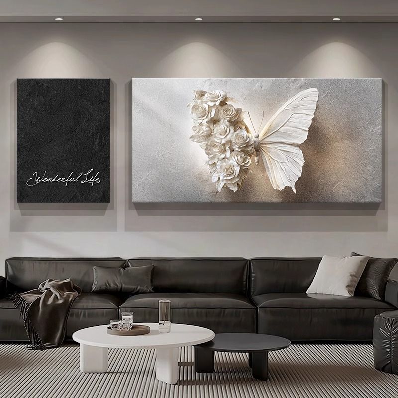 轻奢高级感客厅装饰画浮雕立体感沙发背景墙挂画抽象蝴蝶二联壁画图片
