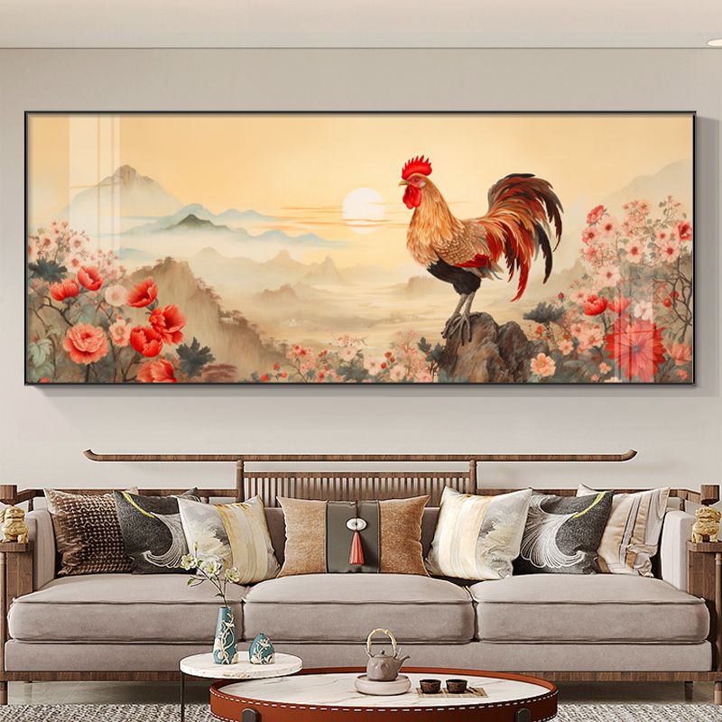 金鸡镇宅公鸡挂画报晓雄鸡山水画客厅中式入户门装饰画大红壁画图片