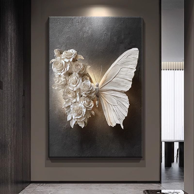 高级感黑白蝴蝶玄关装饰画浮雕立体感客厅沙发背景墙壁挂画落地画图片