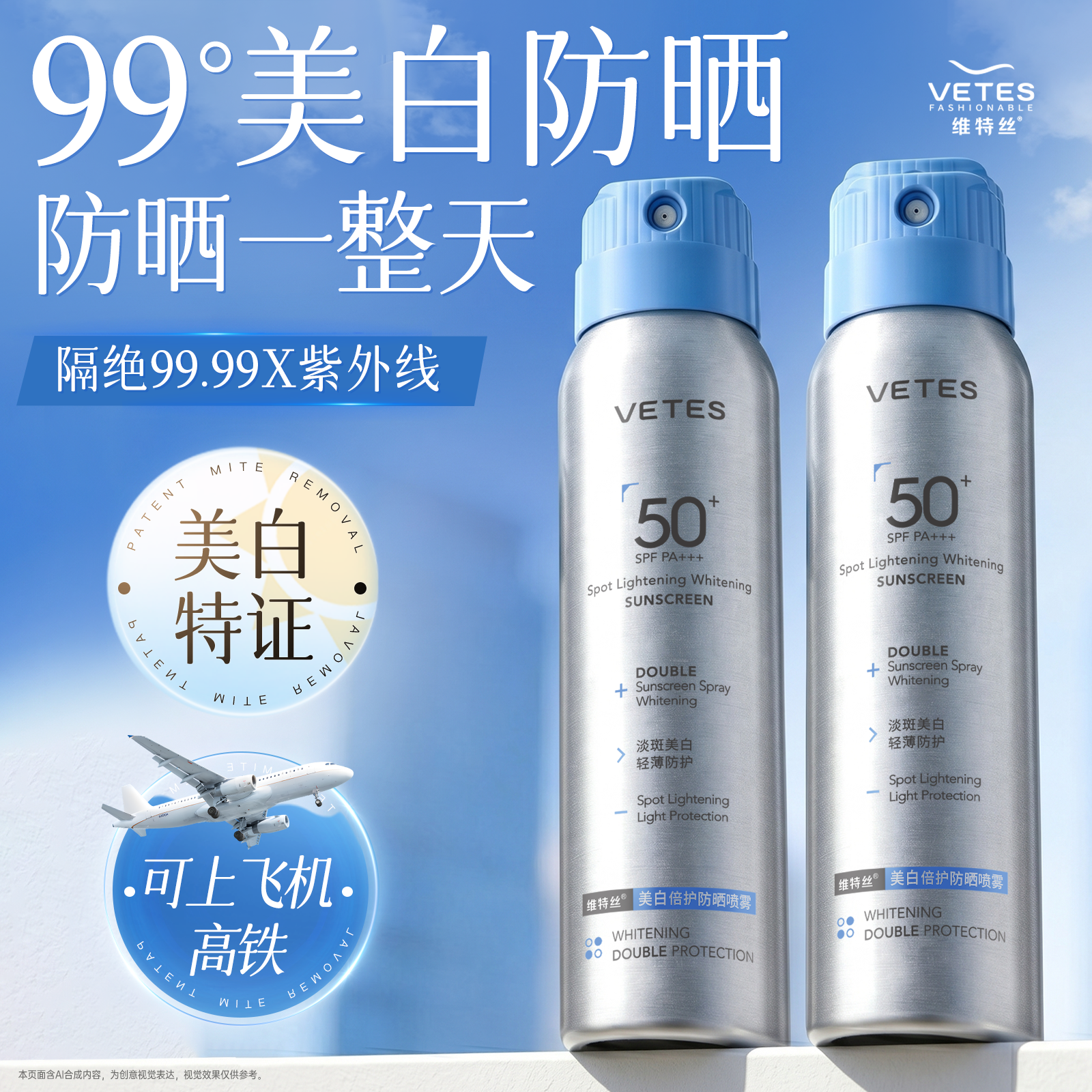 维特丝美白防晒喷雾50+倍防紫外线可上飞机男女全身通用官方正品