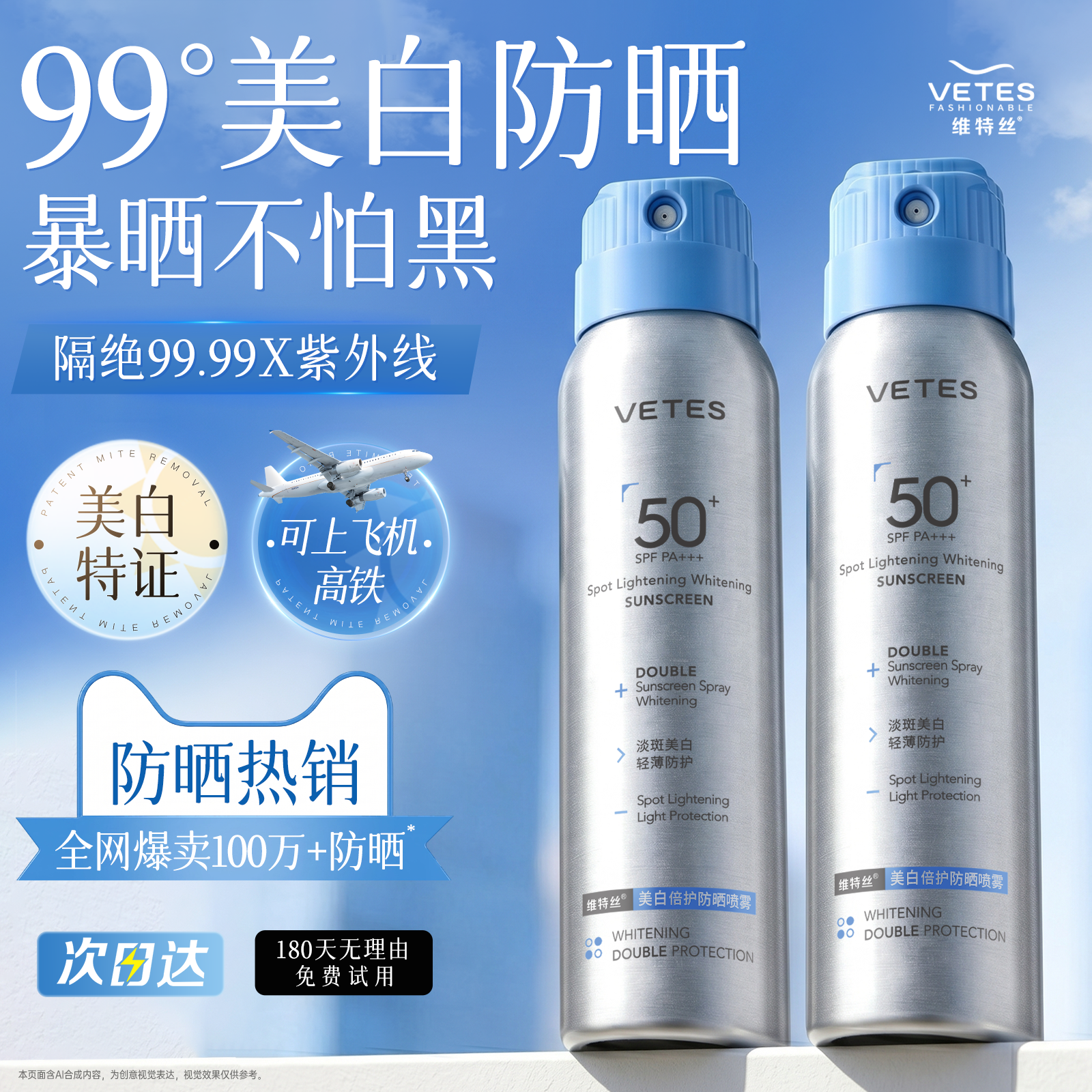 维特丝美白防晒喷雾50+倍防紫外线男女儿童大人全身通用官方正品