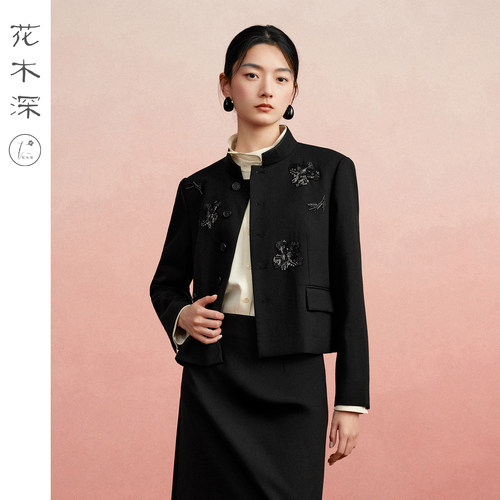 羊毛黑色西装半裙套装女刺绣西服