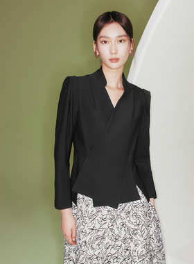 花木深中国风汉元素黑色外套小众女斜襟交领长袖改良中式立领上衣
