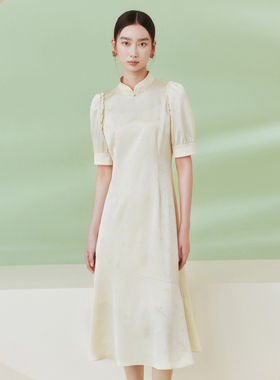 【关晓彤同款】花木深新中式改良旗袍夏裙子提花醋酸缎立领连衣裙