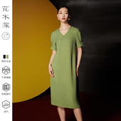 V领裙子新中式 花木深三醋酸连衣裙短袖 国风女装 盘扣改良汉服裙子