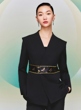 【明星同款】花木深国风汉元素西装外套女改良新中式印花黑色上衣
