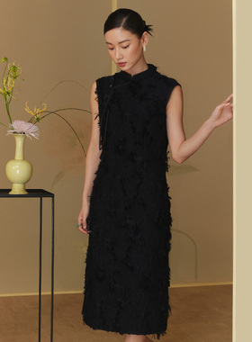 花木深新中式改良厂字襟旗袍日常无袖立领盘扣提花连衣裙宴会礼服