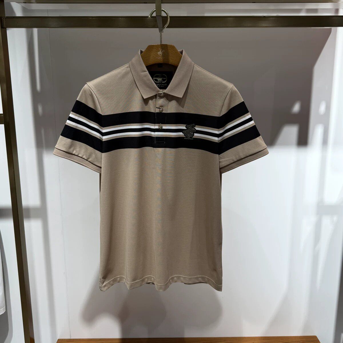 比华利保罗男士桑蚕丝翻领POLO衫夏季条纹撞色短袖T恤休闲