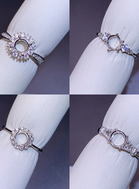 圆形6*6mm精工镶钻S925纯银戒托活口女戒未镶嵌复古豪华简约戒托