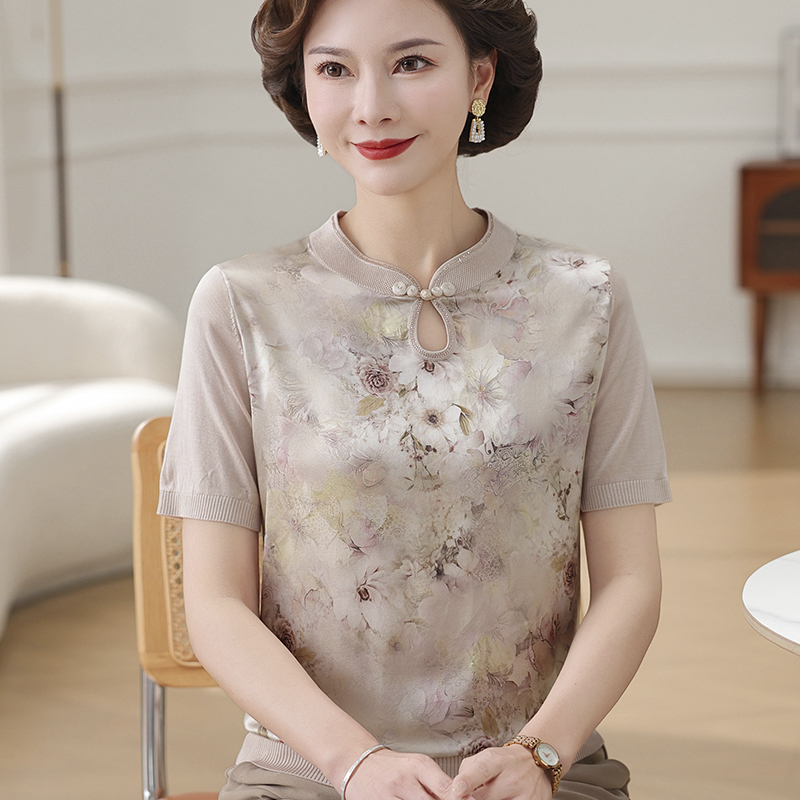 中老年夏装洋气短袖桑蚕丝T恤