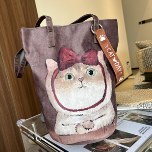 插画文艺布包卡通猫咪学生帆布包百搭单肩女士水桶托特包 2025新款