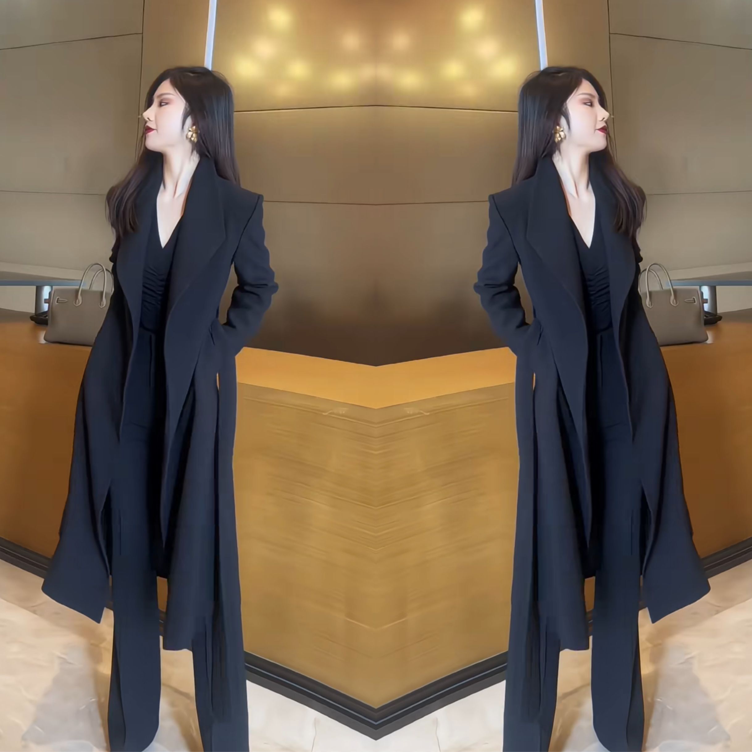 御姐范纯色风衣外套高腰微喇裤