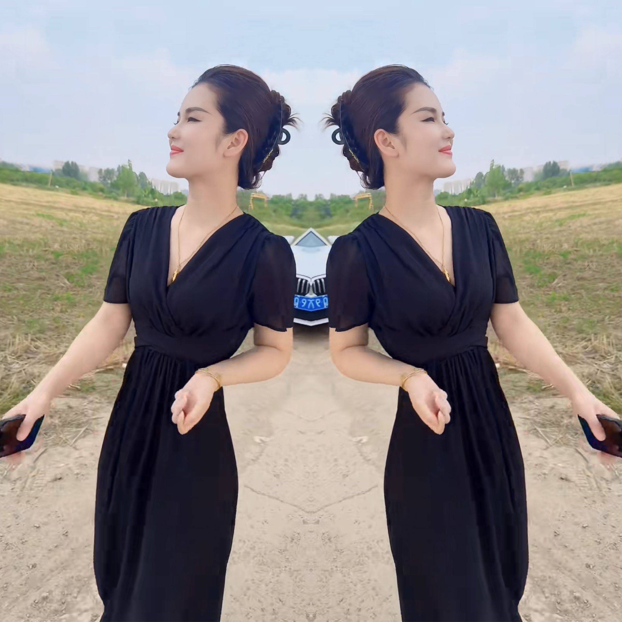 减龄气质V领长款短袖黑色连衣裙