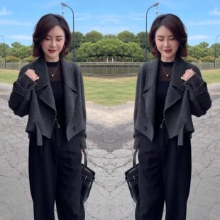 欧洲站气质时尚秋冬新款高级减龄时髦女士短款西装领毛呢百搭外套