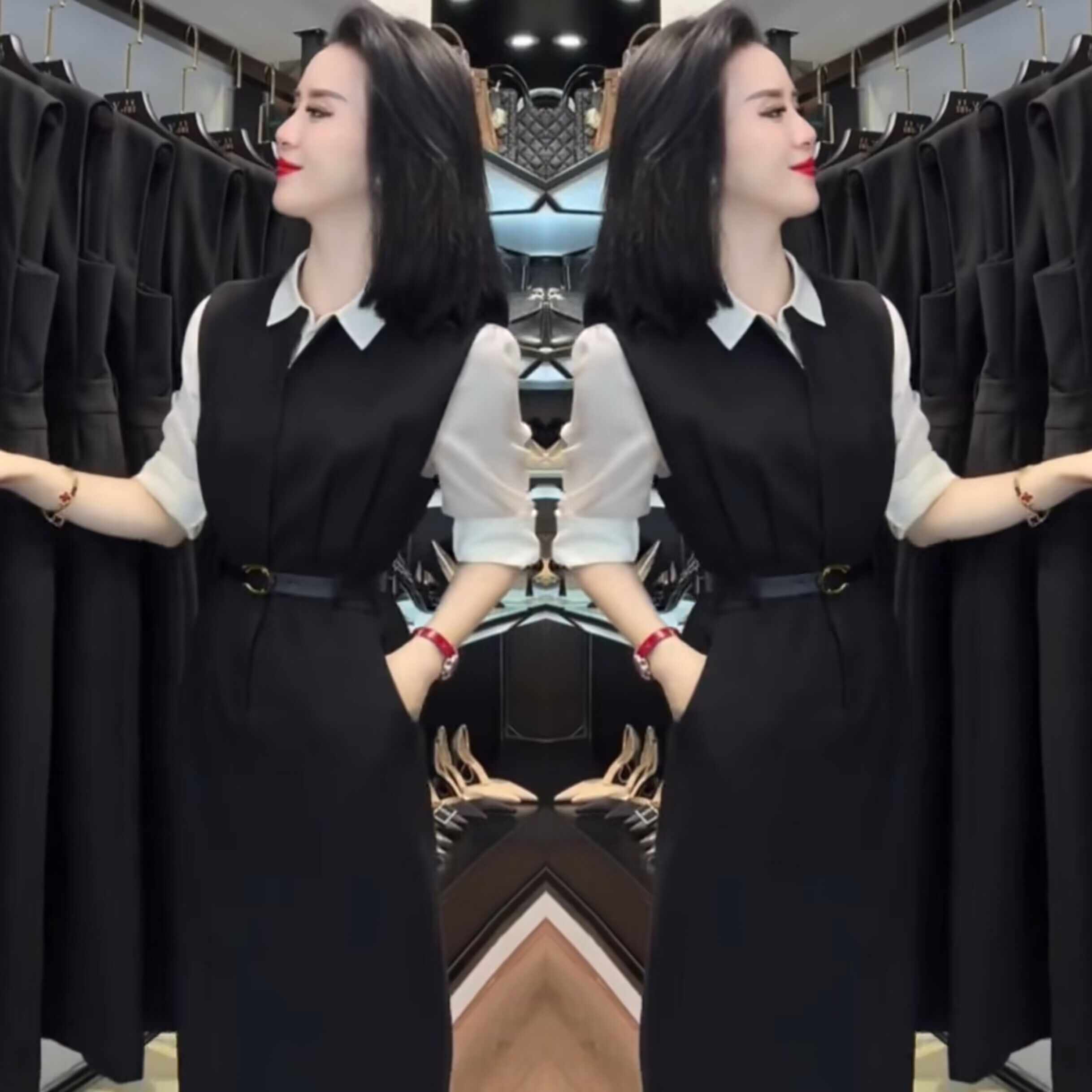 气质时尚显瘦翻领打底衫+连衣裙