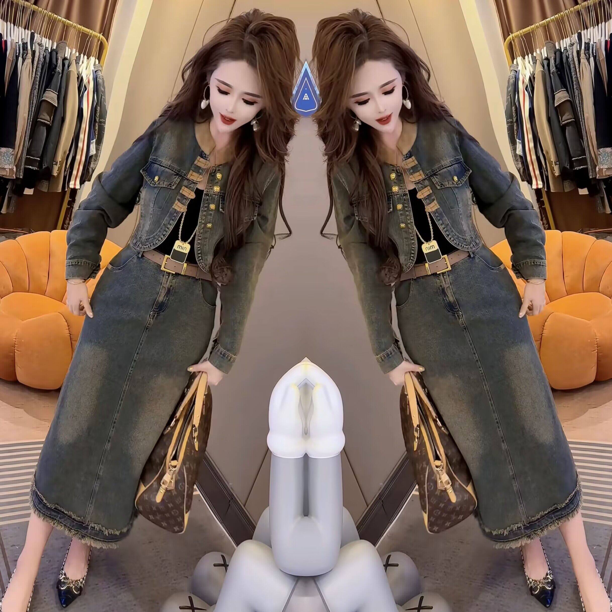 高品质爆款套装2024年春季新款气质时尚长袖短款牛仔外套高腰裙子
