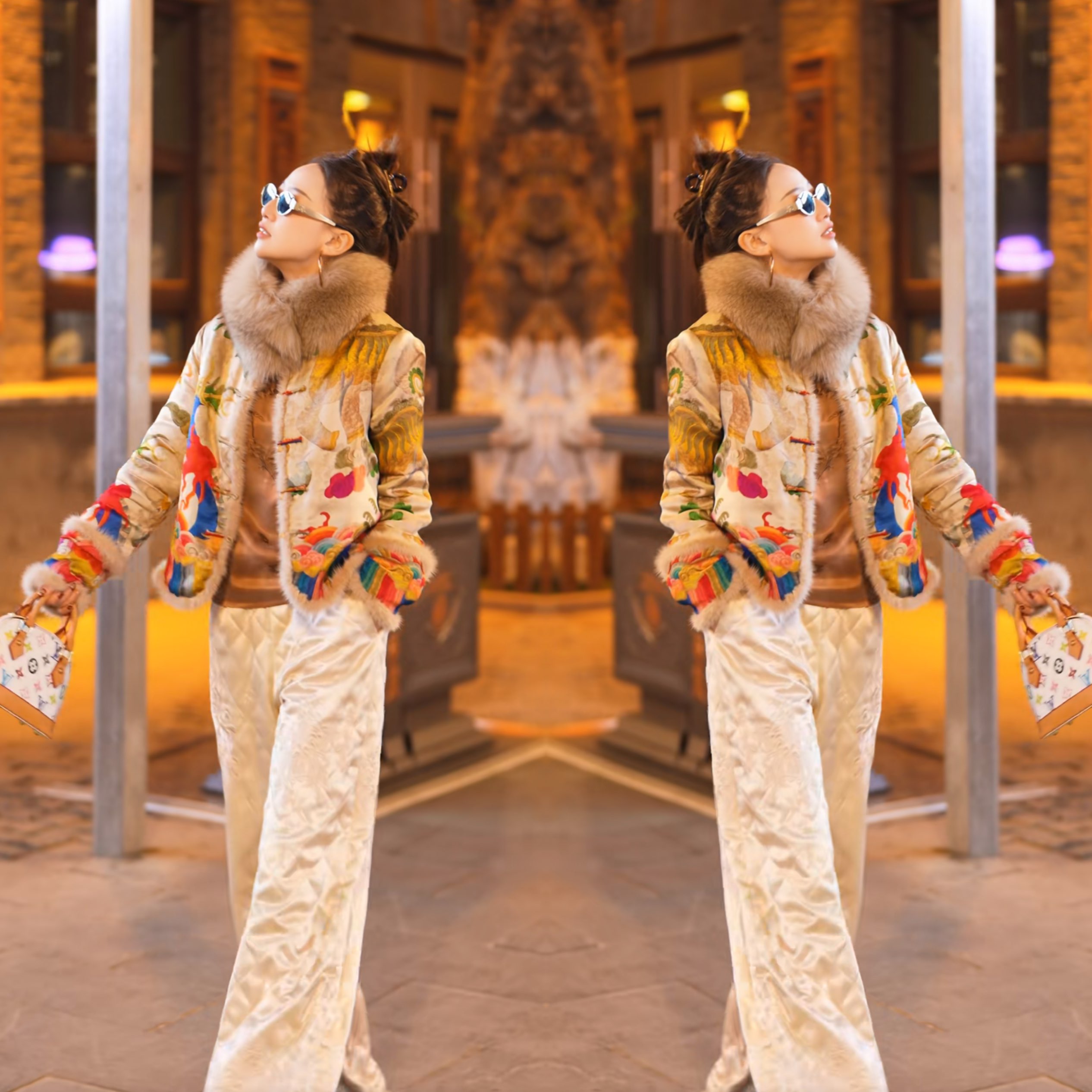 盘扣冬季棉服外套围脖搭配阔腿裤