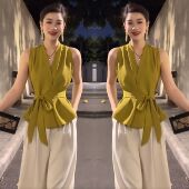 纯色上衣搭配裤 欧洲站轻奢气质女装 系带收腰无袖 新款 子 高级感夏季