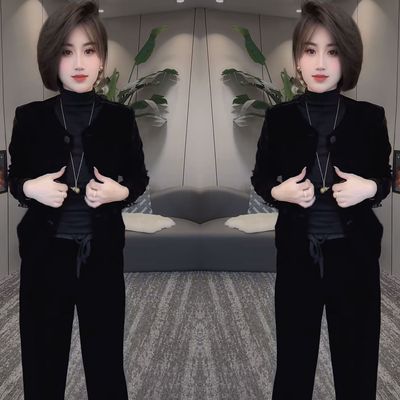 减龄复古丝绒两件套外套搭配裤子