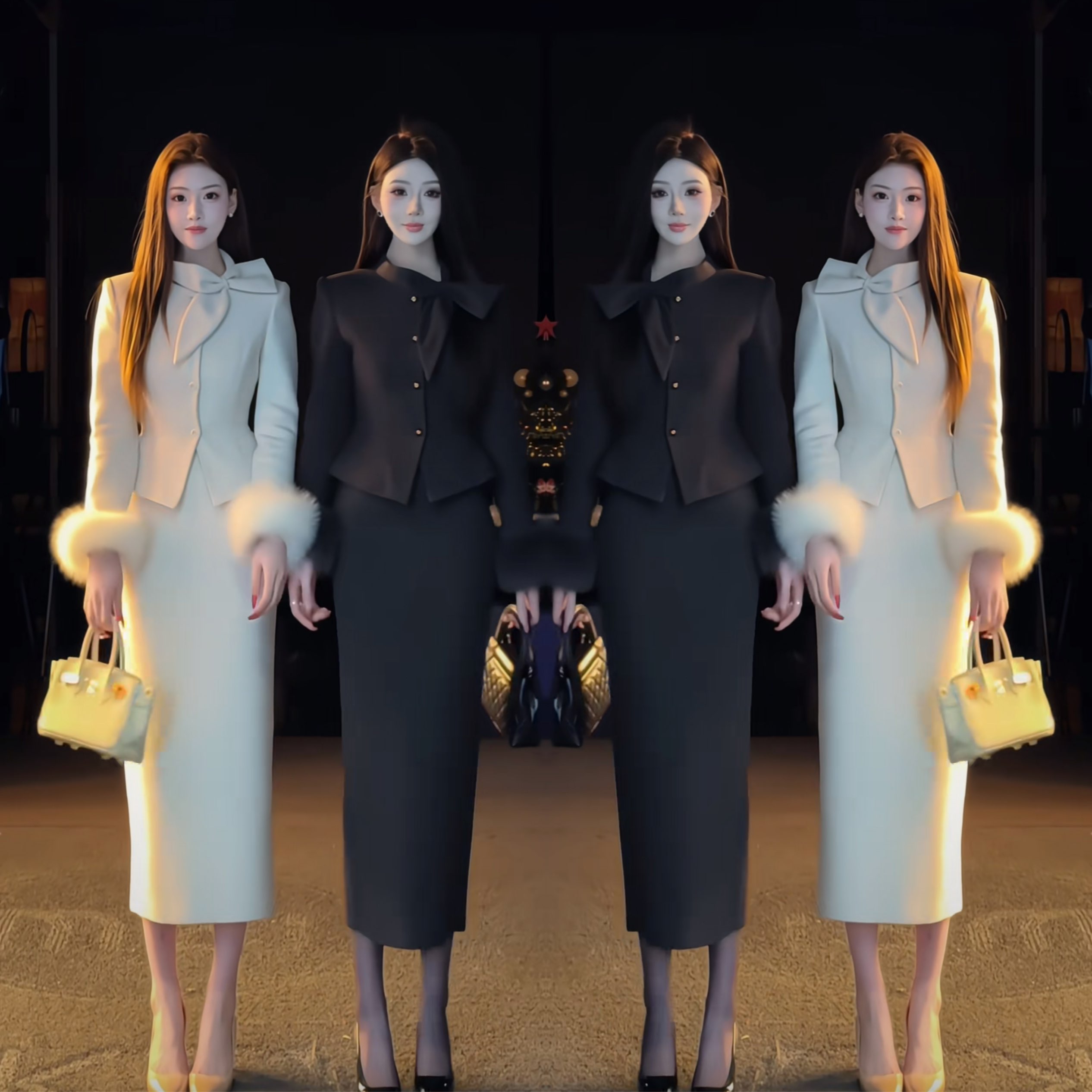 韩版修身御姐范毛毛袖爆款套装裙