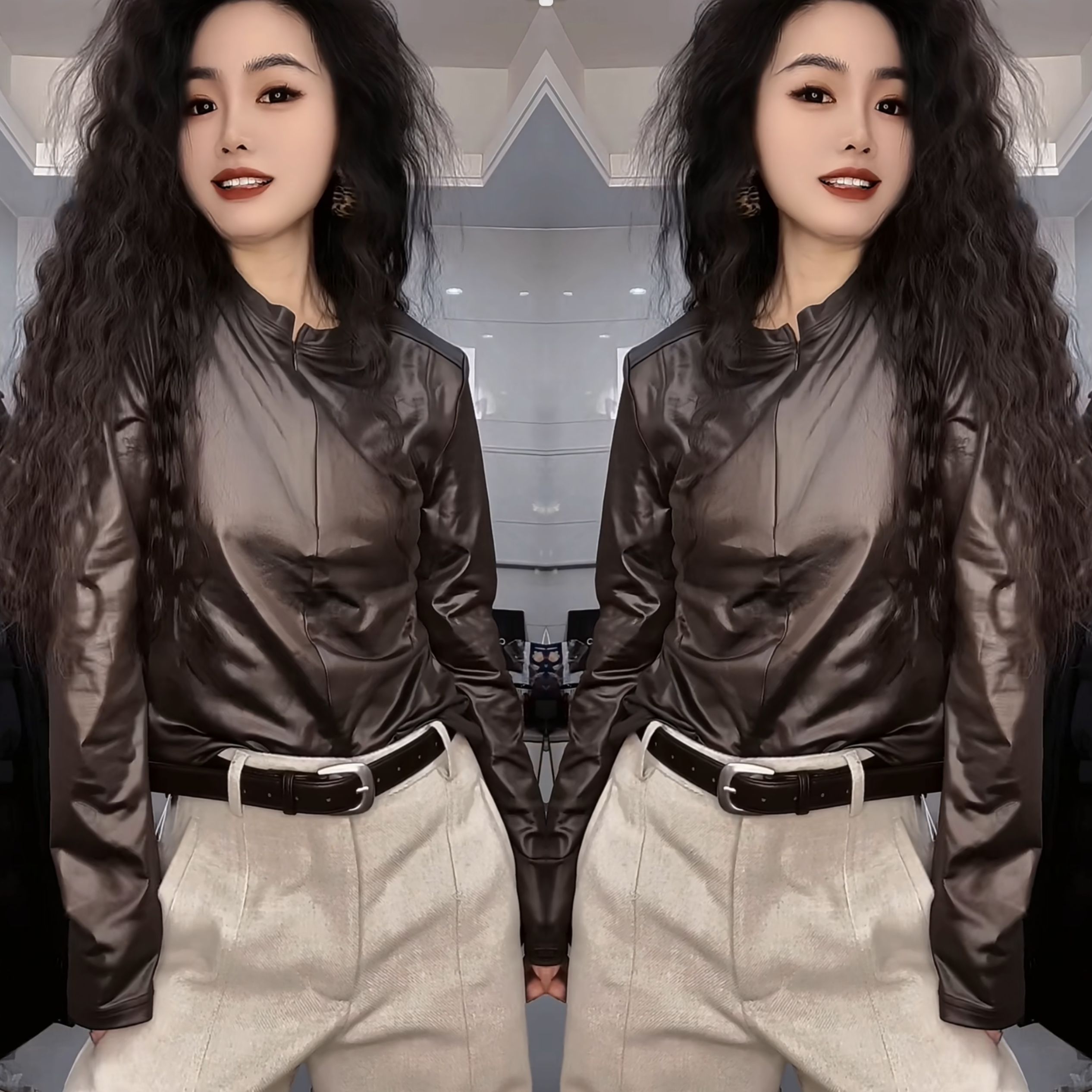 修身正肩小衫上衣搭配高腰裤子