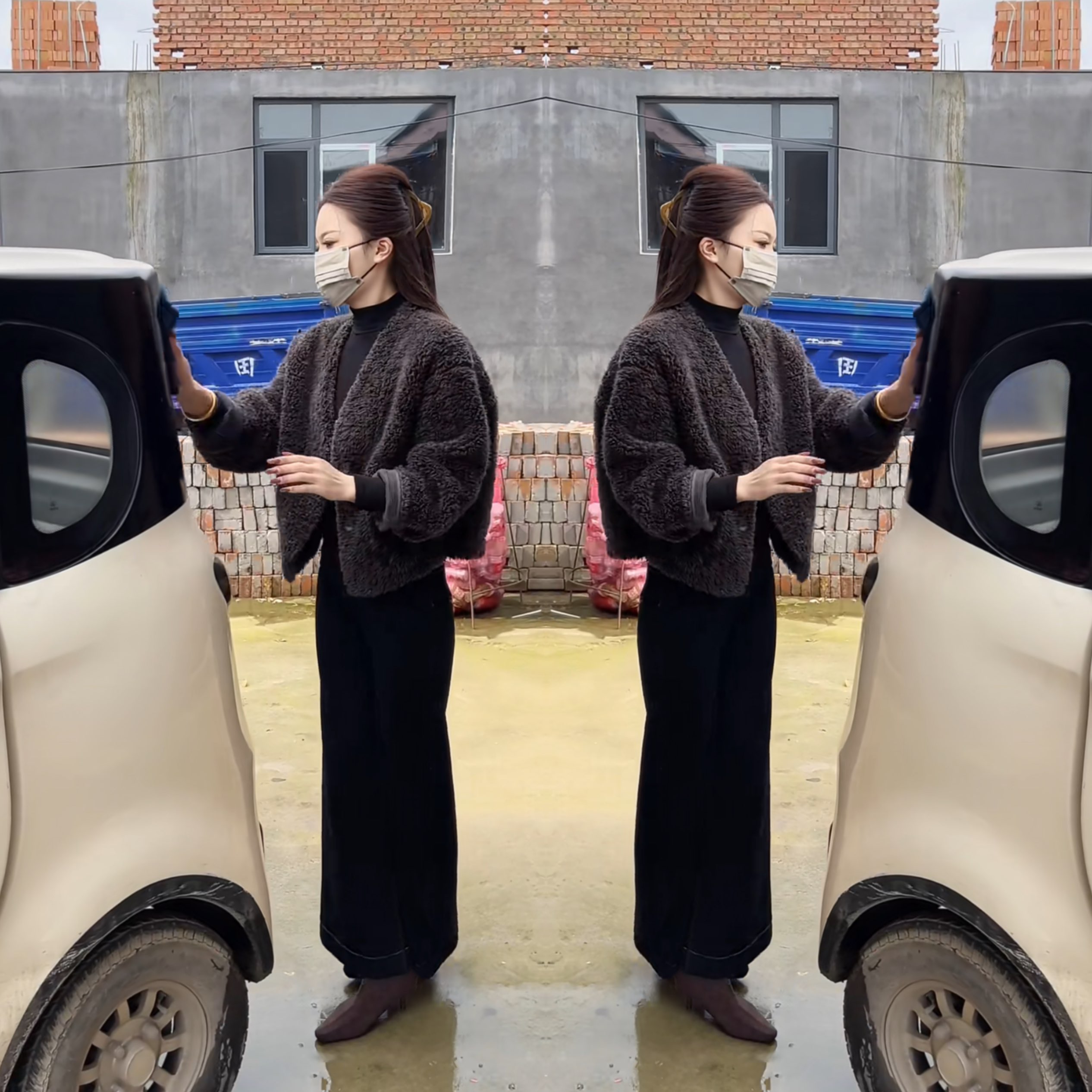 女神范韩版毛毛外套搭配休闲裤子