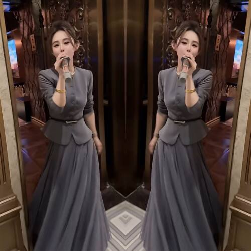 灰色单排扣西服外套搭配网纱裙子