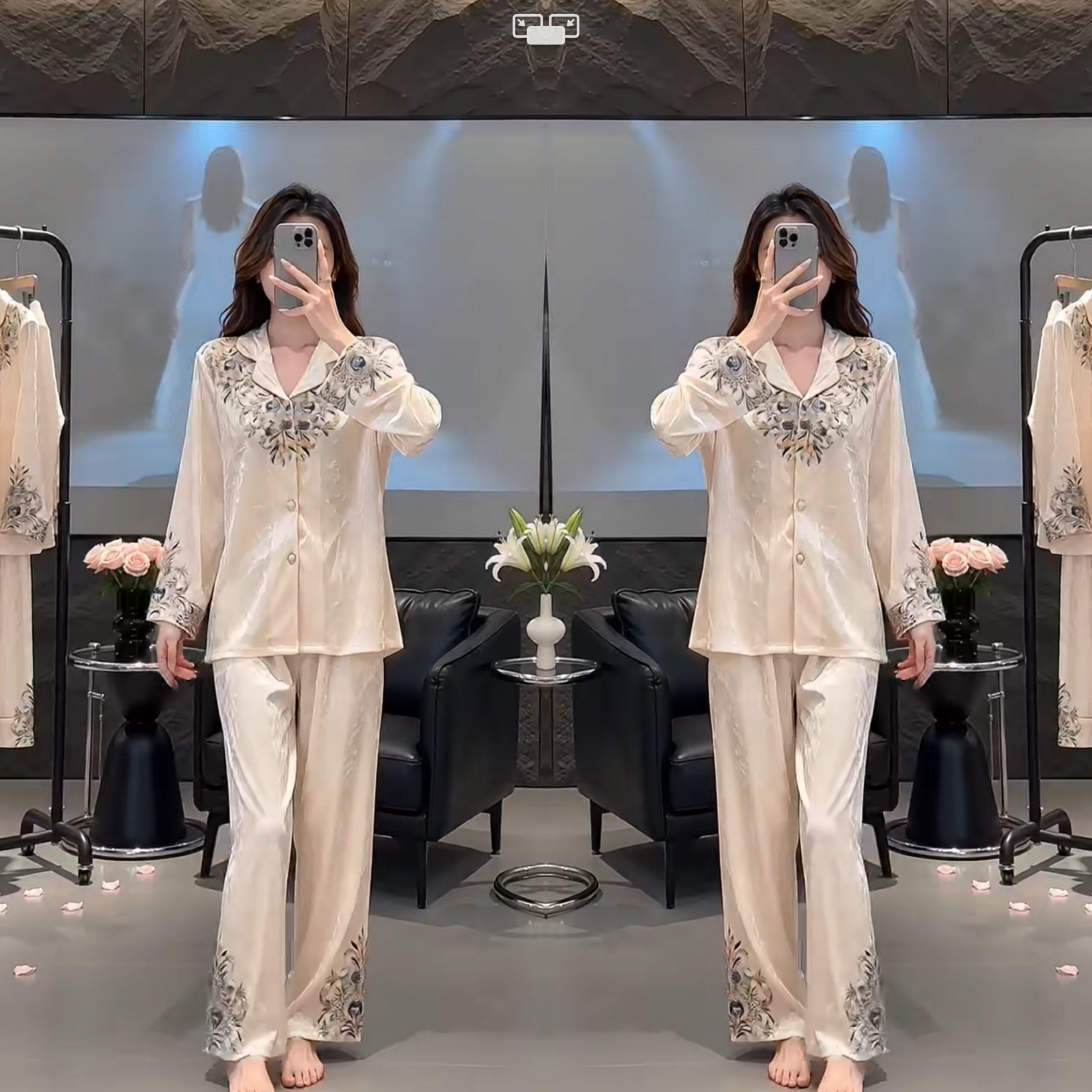 网红爆款时尚洋气欧货家居服休闲印花百搭睡衣女装两件套上衣裤子