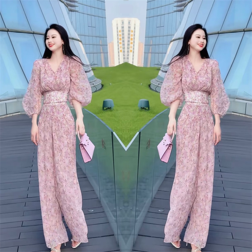 气质碎花泡泡袖上衣宽松阔腿裤女