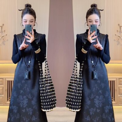 洋气减龄新中式提花毛毛边马甲裙