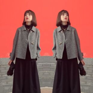 抖音网红爆款减龄时髦洋气灰色韩版毛呢设计短款外套搭配高腰裤子