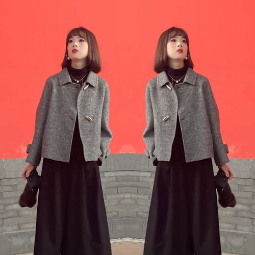 毛呢设计短款外套搭配高腰裤子