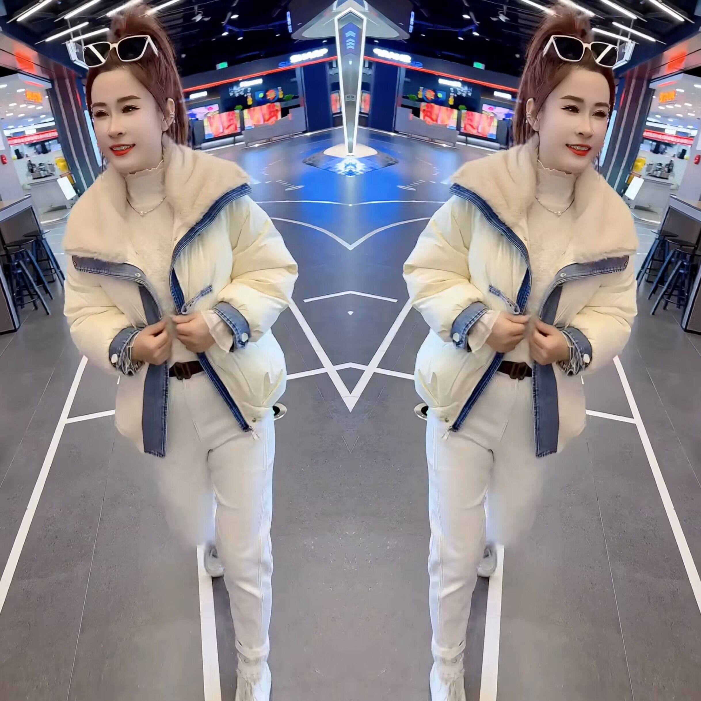 新款时尚拼接牛仔翻领假两件棉服