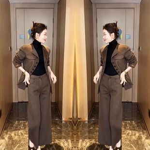 欧洲站爆款女士套装2023年冬季新款气质中长款纯色外套高腰阔腿裤