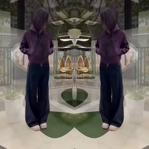 紫色连帽加绒卫衣外套高腰裤子