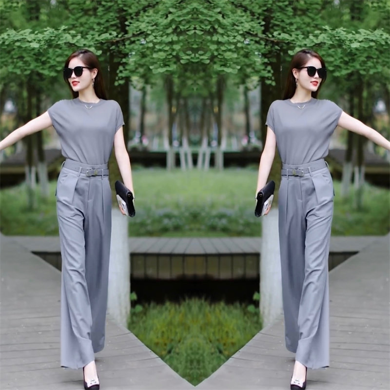 网红时尚同款2024年夏季新款两件套百搭显瘦打底衫高腰干练阔腿裤