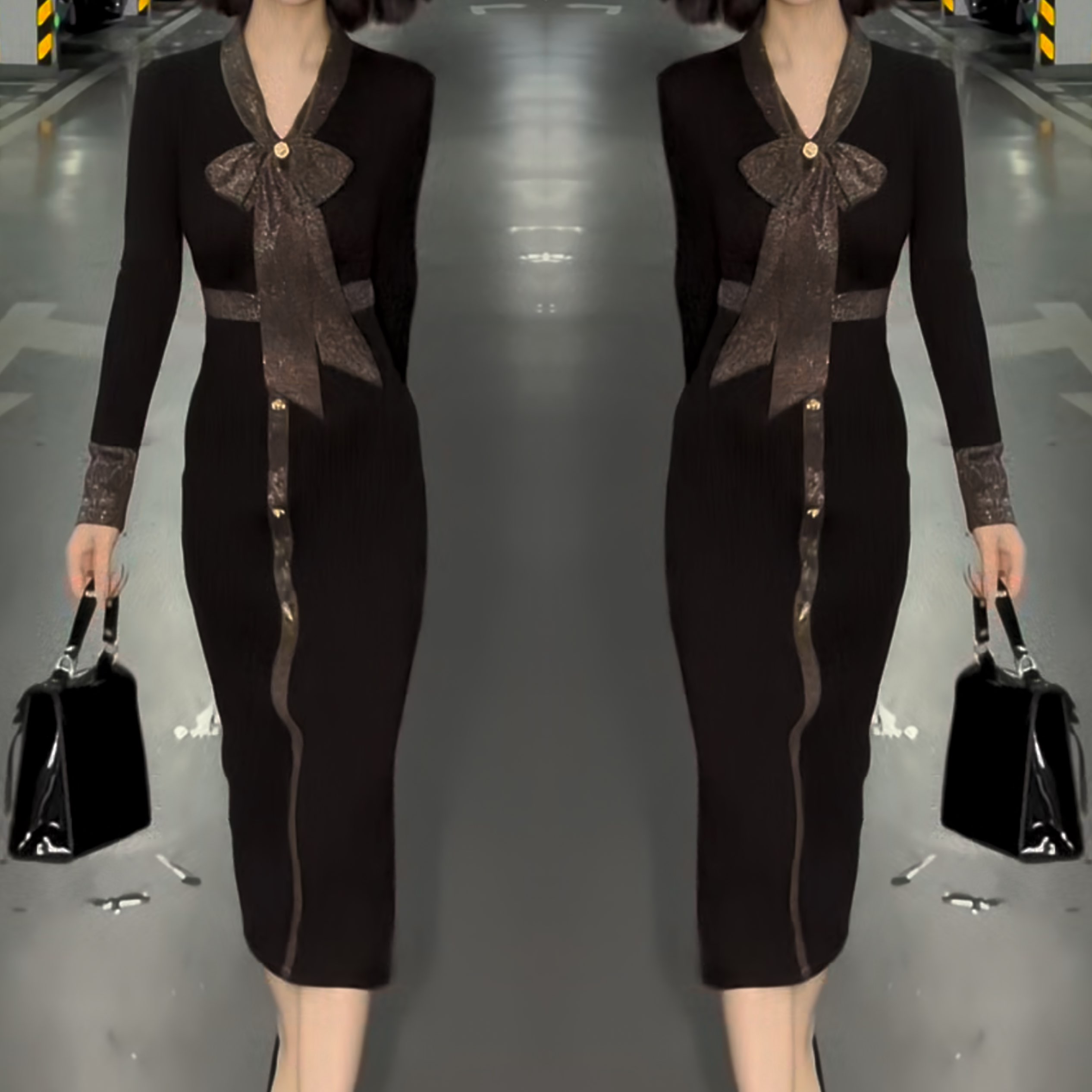 蝴蝶结优雅女显瘦爆款气质连衣裙