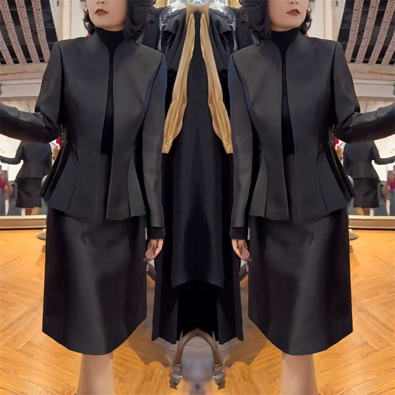 洋气百搭长袖立领上衣高腰半身裙