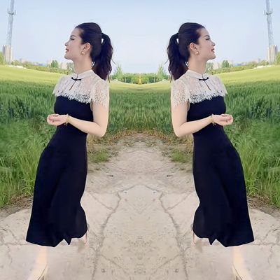 减龄女神范蕾丝拼接长款连衣裙潮