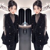 韩版 羊羔毛黑色百搭遮肉马甲潮 洋气女神范减龄无袖 高级感冬季 新款